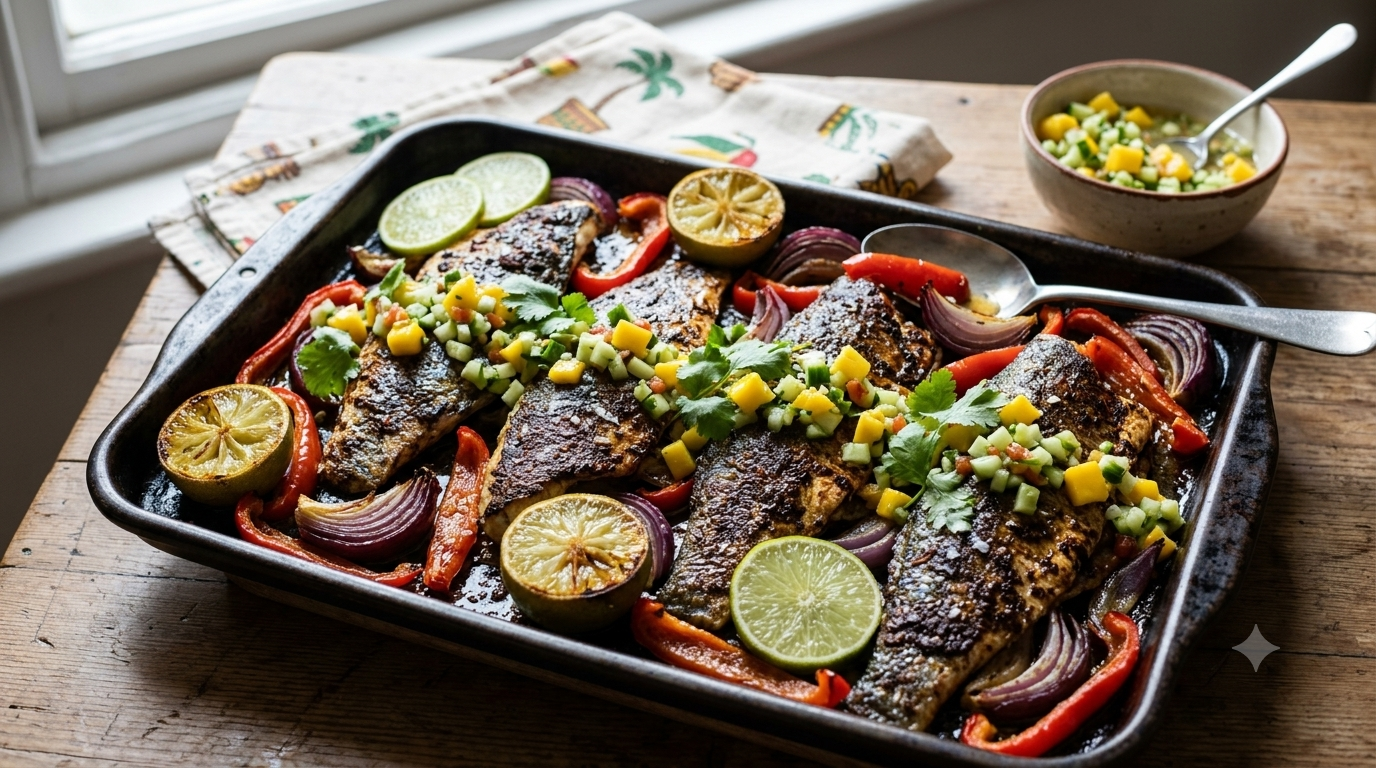 Jerk Sea Bass Traybake with Cucumber & Mango Mild